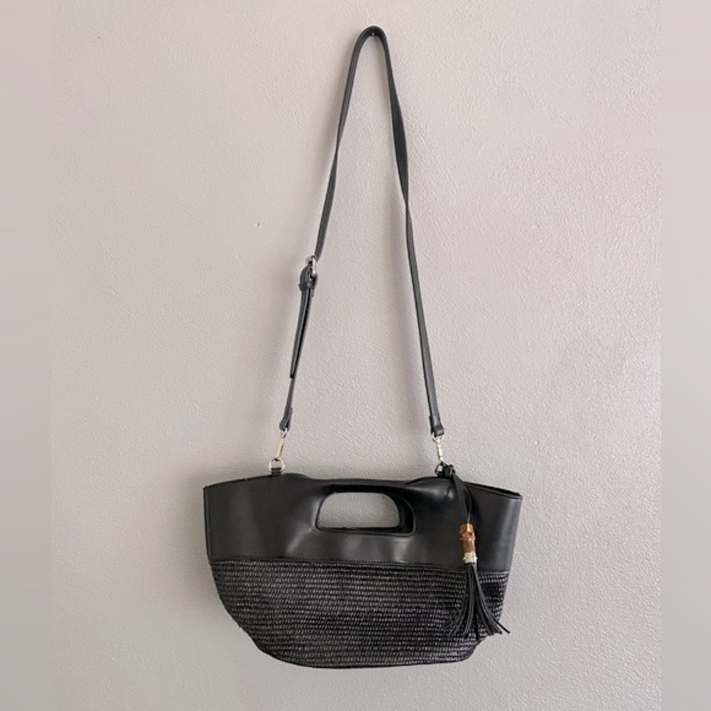 Simply Noelle Black Purse Crossbody Clutch Woven Detail Snap Closure